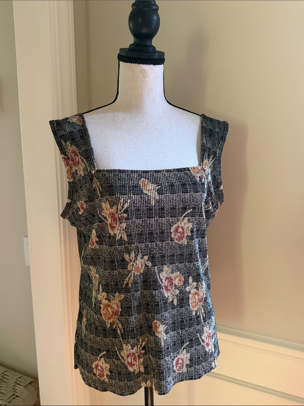 Rafael Floral Square Neck Stretch Sleeveless Top XL Black Tan